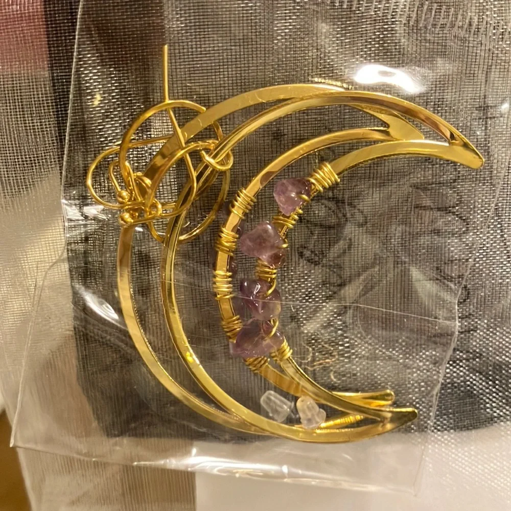 Genuine Amythest Crescent Moon Earrings - Picture 3 of 3